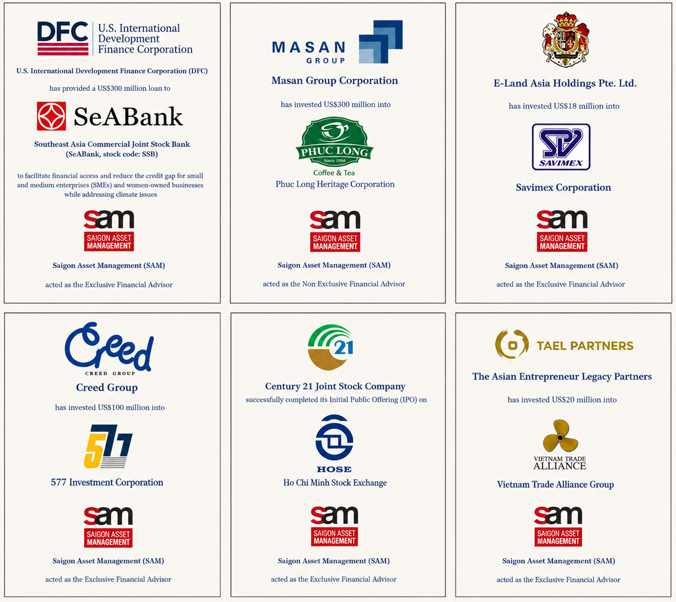 Selected advisory experience transactions